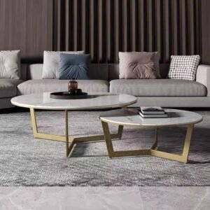 Lanmeng Island Luxury Two Coffee Table Set with Gold Stainless Steel Frame Marble Top Modern Dining Center Table Metal Living Room Furniture