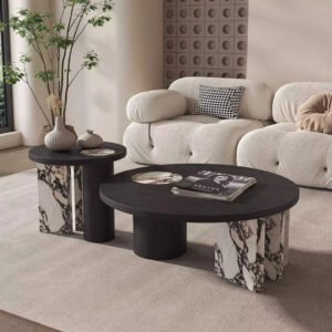 Lanmeng Island Modern French Rock Plate Wooden Frame Coffee Table Minimalist Black Side Table Set Hotel Living Room Apartment Sofa Side Table