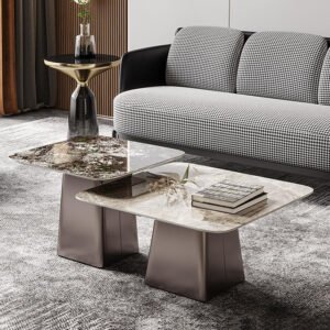 Lanmeng Island High Fashion Stainless Steel Coffee Table Set for Villa Marble Indoor Furniture Living Room Bedroom Includes Center Side Table