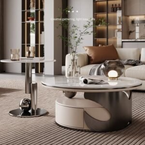 Lanmeng Island Modern Round Centre Glass Coffee Table Set Drawer Home Living Room Furniture Grey Silver Wooden Steel Stone Materials Dining