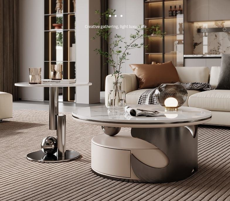Lanmeng Island Modern Round Centre Glass Coffee Table Set Drawer Home Living Room Furniture Grey Silver Wooden Steel Stone Materials Dining