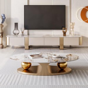 Lanmeng Island Nordic Modern Luxury Living Room Furniture Golden Gray Coffee Table with TV Cabinet Metal and Sintered Stone