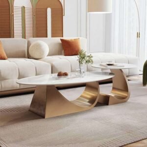Lanmeng Island Light Luxury Minimalist Stainless Steel Oval Rock Panel Coffee Table Combination New Living Room Furniture
