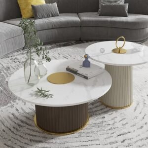Lanmeng Island Modern Luxury White Round Table Exquisite Rock Slate Coffee Table Metal Set for Dining for Home or Hotel Quality Manufacturer