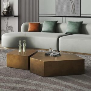 Lanmeng Island Luxury 2-Piece Modern Stainless Steel Metal Coffee Table Set Golden Indoor Marble Living Room Furniture for Home Decor