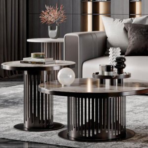 Lanmeng Island Italian Luxury Modern Ending Tea Table Set Brushed Steel Base with Sintered Stone Top for Living Room Center Coffee Table Set
