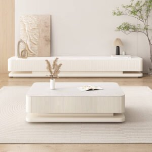 Lanmeng Island Modern Nordic Style Coffee Table Set for Living Room Rectangle Shape TV Stand with Square Patterns Hotels Villas Dining