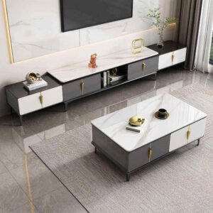 Lanmeng Island Simple Modern Metal TV Cabinet with Retractable Rock Panel Light Luxury Coffee Table for Small Apartment Combined Storage