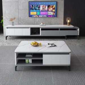 Lanmeng Island Modern Luxury Living Room Set with Extendable Coffee Table and TV Cabinet Storage Drawer Metal Furniture Combination