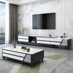 Lanmeng Island Modern Luxury Living Room Furniture White and Black Combination TV Unit Cabinets and Coffee Table with Storage