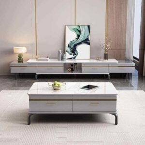 Lanmeng Island Modern Luxury TV Cabinet All-Solid Wood Rock Panel Coffee Table with Telescopic Floor Metal Marble Design Living Room Home Decor