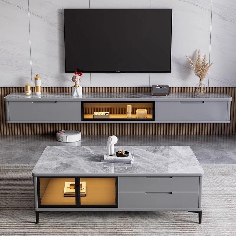 Lanmeng Island Modern Luxury Living Room Storage Cabinets Wood Marble Wall-Mounted TV Cabinet Coffee Table Set Latest Furniture Design Metal