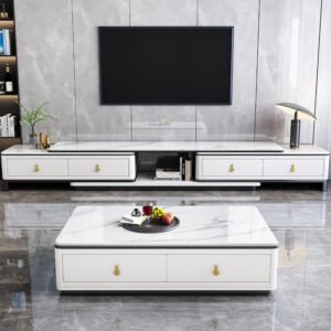 Lanmeng Island Modern Luxury Extendable Wooden Cabinet TV Stand Marble-Top Coffee Table Durable Living Room Furniture Made of Metal