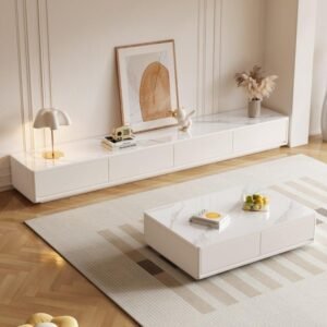 Lanmeng Island Modern Luxury Hotel Furniture Exquisite Extendable TV Cabinet and Coffee Table with MDF Wood & Glass for Living Room Use