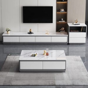 Lanmeng Island Modern Grey Wood Marble TV Stand Set Home Design Coffee Table Storage Steel MDF Living Room Dining Multi-Purpose Furniture Set