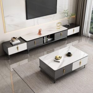 Lanmeng Island Factory Hot Sales Modern Home Furniture Set Glossy Marble Top TV Stand Coffee Table Wooden Iron Dining Outdoor Use Living Room