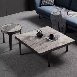 Lanmeng Island Modern 2-Piece Grey Slate Coffee Table Set Factory Square Round Top for Dining and Home Use Glass and Marble Material