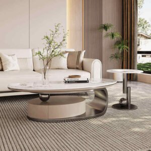 Lanmeng Island Modern Luxury Oval Rock Slab Coffee Table Set Light Wood Storage End Table TV Cabinet Combination for Living Room Metal Design