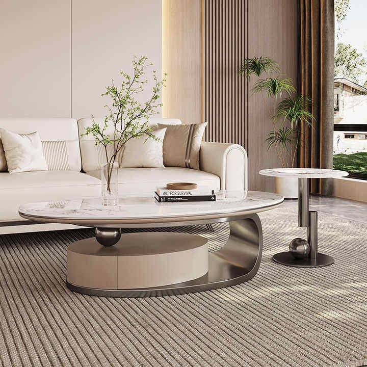 Lanmeng Island Modern Luxury Oval Rock Slab Coffee Table Set Light Wood Storage End Table TV Cabinet Combination for Living Room Metal Design