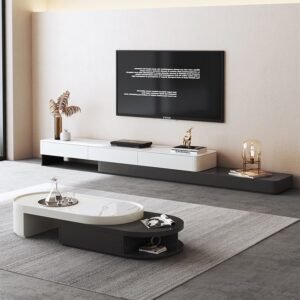 Lanmeng Island Modern Nordic Style Coffee Table Set Can Be Extended for Living Room Rectangle Shape TV Stand with Square Hotels Villas