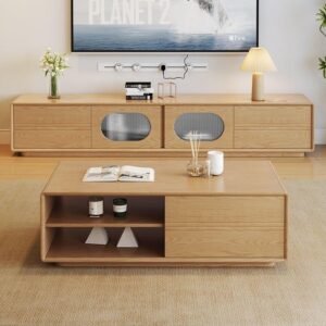 Lanmeng Island Living Room Scandinavian solid log Coffee Table with Retractable Luxury TV Stand for Home Hotel Use