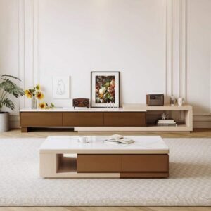 Lanmeng Island Modern High-End Stone Carved Wooden Frame Coffee Table Set Luxury Glass Dining TV Stand for Home Villa Bedroom Living Room