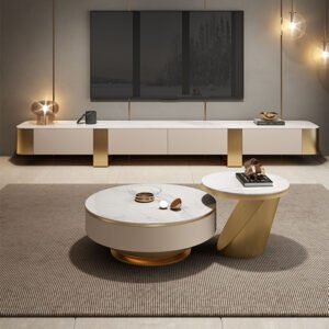 Lanmeng Island Luxurious Home Gold Stainless Round Side Table Sets High-End Coffee Table Sintered Stone Top Drawers for TV Stands Manufacturers