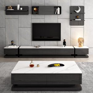 Lanmeng Island Modern Luxury MDF TV Stand and Coffee Table Set Sintered Stone Top with LED Storage for Home Living Room Furniture