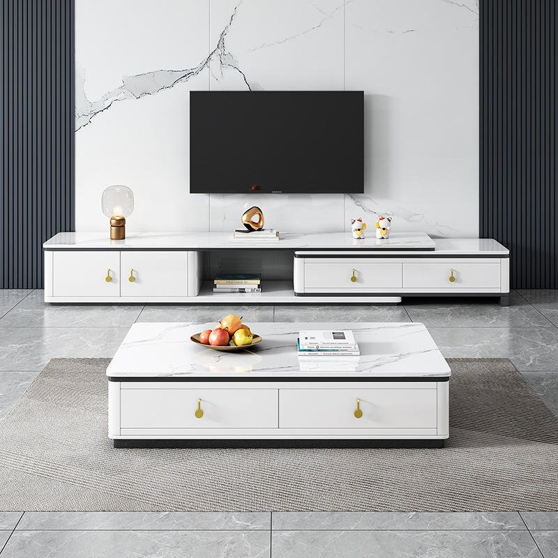 Lanmeng Island Modern Simple Rectangular TV Stand Set Light Luxury Rock Storage Coffee Table for Home Office Telescopic Living Room Stand
