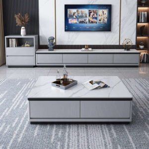 Lanmeng Island Modern White Gray TV Cabinet Rock Slab Light Luxury TV Stand Combination Minimalist Coffee Table Set for Living Room