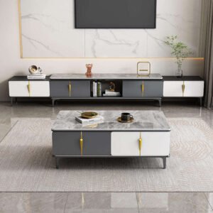 Lanmeng Island Modern Luxury MDF TV Stand and Coffee Table Set Sintered Stone Top with Storage Retractable for Home Living Room Furniture