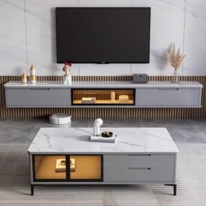 Lanmeng Island Modern Luxury MDF TV Stand and Coffee Table Set Sintered Stone Top with LED Storage for Home Living Room Furniture Manufacturers