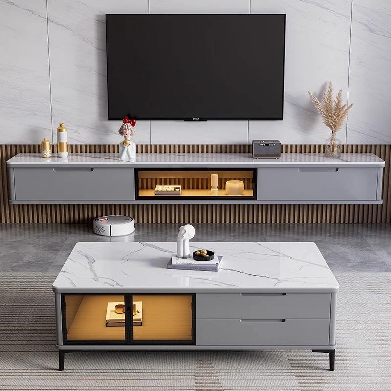 Lanmeng Island Modern Luxury MDF TV Stand and Coffee Table Set Sintered Stone Top with LED Storage for Home Living Room Furniture Manufacturers