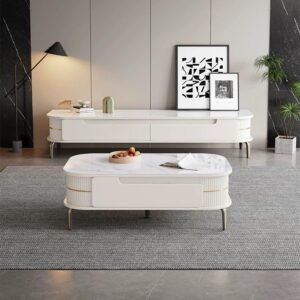 Lanmeng Island Modern Luxury White TV Stand with Wood Marble Cabinet Coffee Table Set for Living Room Bedroom Home Storage Latest Design