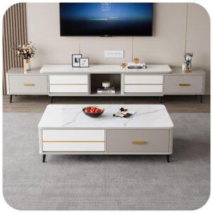 Lanmeng Island Modern Luxury Rock Slab Combination Retractable TV Stand Marble Center Table for Living Room Furniture Set TV Unit Manufacturers