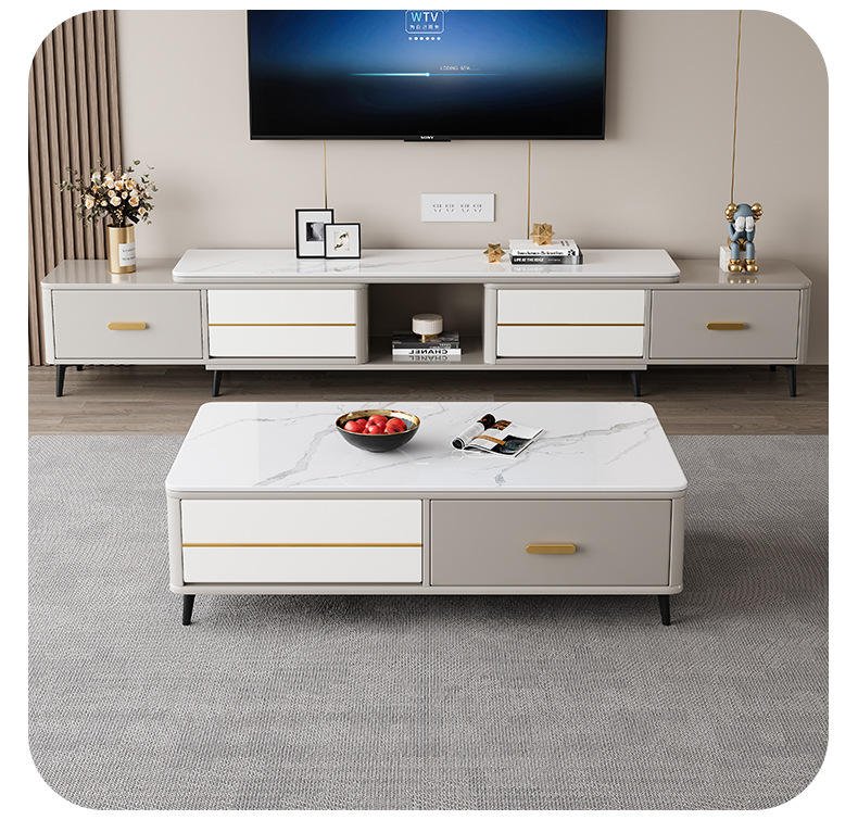 Lanmeng Island Modern Luxury Rock Slab Combination Retractable TV Stand Marble Center Table for Living Room Furniture Set TV Unit Manufacturers