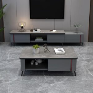 Lanmeng Island Modern Luxury MDF TV Stand Coffee Table Set Sintered Stone Top with LED Storage for Home Office Living Room Furniture for Hotels