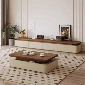 Lanmeng Island Modern Style Luxury Wood Marble Tv Cabinet and Rectangular Stone Coffee Table Set for Room Living Room Drawers Furniture Design