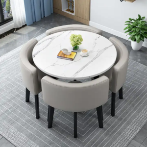 Lanmeng Island Wholesale Nordic Restaurant Furniture Dinner Set Simple White Circular Round Cafe Kitchen Dinning Table Set for 4 Chairs
