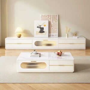 Lanmeng Island Cream Wooden TV Stand Coffee Table Wind Slate Design for Living Room Small Household Storage Cabinet with Integrated Features