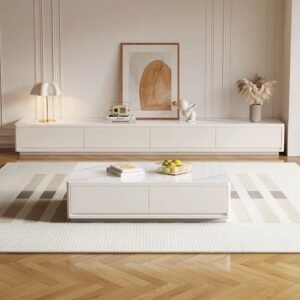 Lanmeng Island Modern Luxury Wooden Marble Tv Stand Cabinet and Coffee Table Set Living Room Bedroom Storage Rack Floating Decoration Furniture