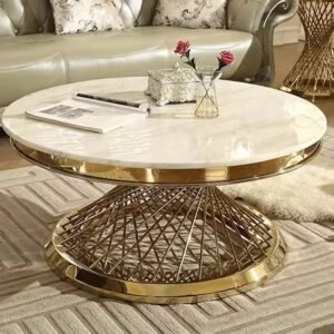 Lanmeng Island Modern Luxury Round Marble Top Coffee Table with Stainless Steel Gold Frame for Dining in Living Room Manufacturer
