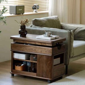 Lanmeng Island Solid Wood Lifting Coffee Table Adjustable Height Side Cabinet Movable Trolley Rotating Bus Side Table Modern and Simple