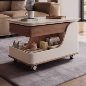 Lanmeng Island Walnut Movable Sofa Side Table With Wheel MDF Lift Top Solid Wood Coffee Tables With Storage Modern Living Room End Table