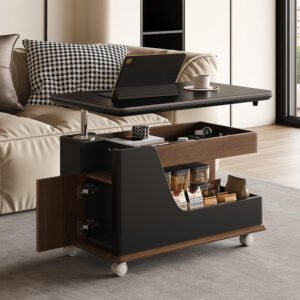 Lanmeng Island Wholesaler New Design Movable Lift & Rotatable Coffee Table Black Multifunctional Solid Wood Side Table Living Room Furniture