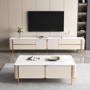 Lanmeng Island Modern Style High-Grade Simple Wood Coffee Table TV Cabinet Combo Set Hot Sale for Home Use Sintered Stone Accents Living Room