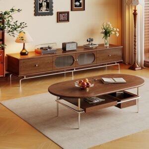 Lanmeng Island Wholesale Medieval Style Solid Wood Floating TV Stand and Coffee Table Combo Living Room Drawer Console Furniture Latest Designs