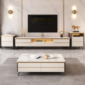 Lanmeng Island Popular Solid Wood TV Cabinet Sintered Stone Modern Simple TV Stand Cabinet for Living Room New Design Coffee Table Wholesale