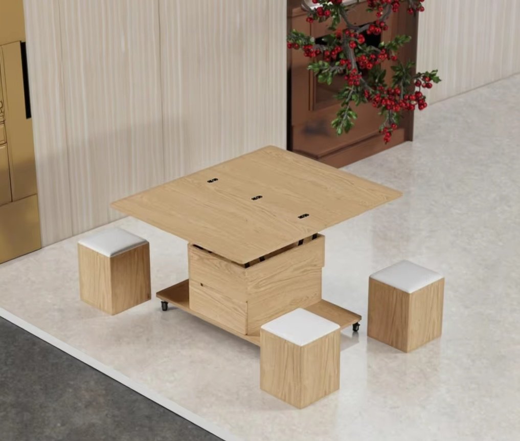Multi-functional Wood 1 Table 4 Chairs Lift-Top