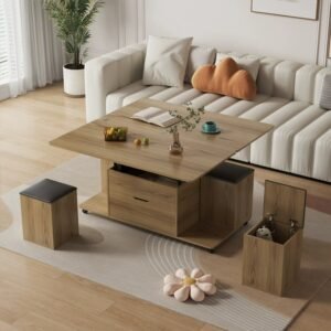 Lanmeng Island New Multi-functional Lift-Top Coffee Tables Wood 1 Table 4 Stools Dining Table Living Room Furniture Home Small Space Trolleys